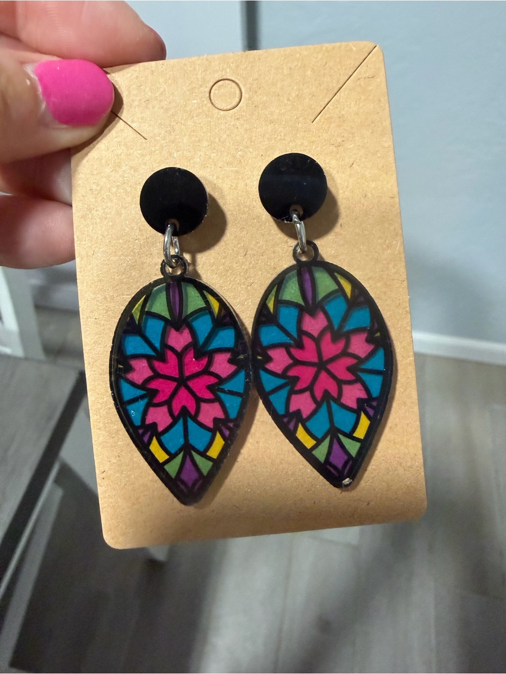 Colorful Stained-Glass Teardrop Dangle Earrings — Pink & Blue
